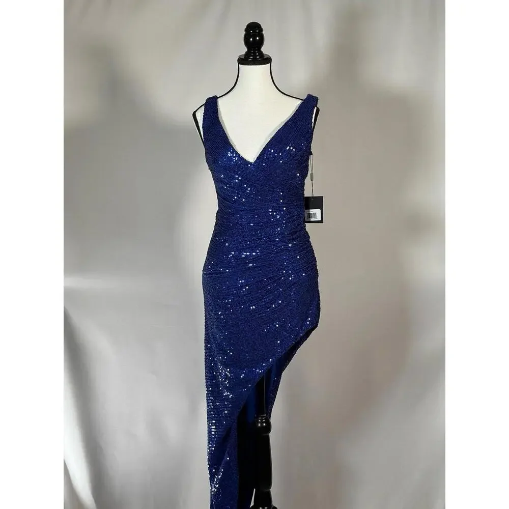 Mac Duggal Formal Blue Sequined Draped Faux Wrap Asymmetrical Hem Gown NWT $298 - Picture 3 of 6